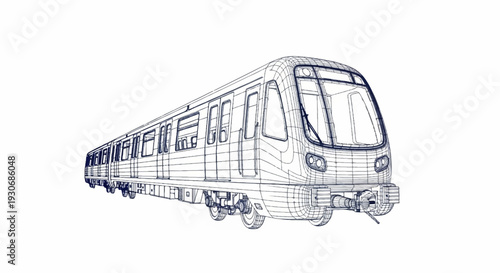 Wireframe blueprint of a modern, long commuter train with multiple carriages