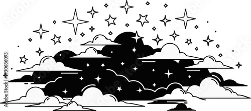Whimsical night sky with clouds and sparkling stars