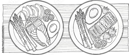 Two plates of food, one with salmon steak, asparagus, berries, and sliced avocado