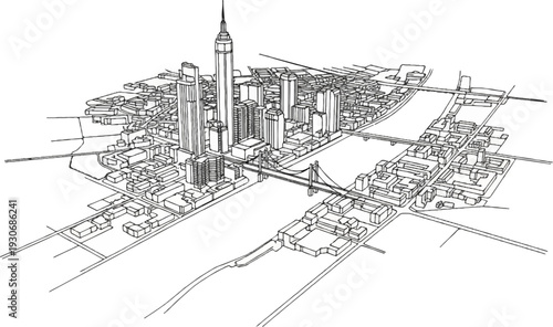 Wireframe cityscape with river, bridge, and towering skyscrapers
