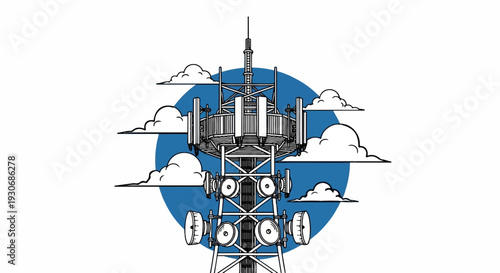 Wireframe communication tower with antennas against a blue circle and clouds