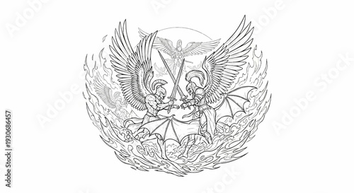 Two winged warriors clash swords amid flames, with other figures in background