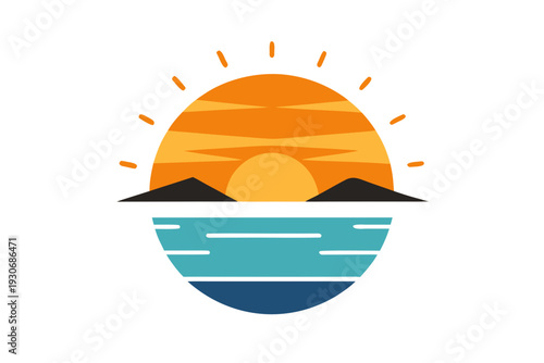 A vibrant vector graphic illustration of a serene sunset over a peaceful ocean