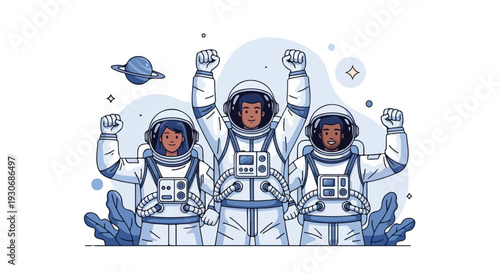 Illustration of three diverse astronauts in white space suits with raised fists in a celestial scene with planets and stars on a white background.