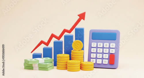 Bar graph showing upward trend with red arrow, stacks of coins, money bills, and calculator, symbolizing financial growth, investment, and economic prosperity strategy