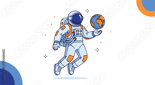 Illustration of an astronaut in a white spacesuit holding a globe, running with a dynamic pose and colorful accents on a white background with blue and orange shapes.