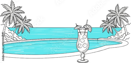 Tropical poolside scene with palm trees and a refreshing cocktail