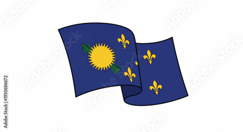 Waving blue flag with sun, sugarcane, and fleur-de-lis symbols