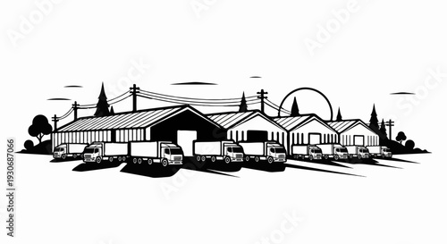 Trucks lined up in front of warehouses under a setting sun