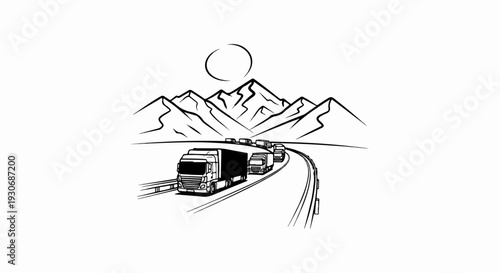 Trucks travel on a winding road towards majestic mountains under a sun