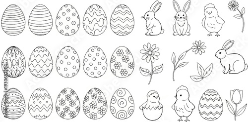 Whimsical line art collection of decorated Easter eggs, bunnies, and chicks