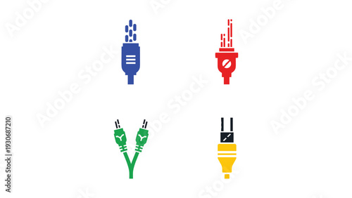 Four types of electrical connectors and plugs shown in different colors