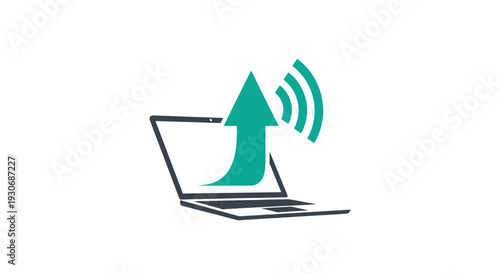 Laptop with green upward arrow and wireless signal icon.