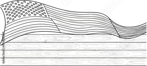 Waving flag with stars and stripes above wood grain texture