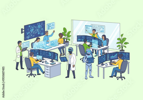 Vector Ilustration Flat Design Diverse team collaborating in a futuristic technology lab with AI robot. 