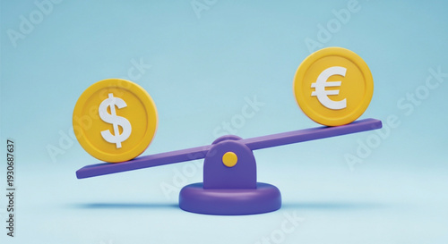 Purple seesaw balancing a gold dollar coin against a gold euro coin, symbolizing currency exchange, financial comparison, and economic value assessment