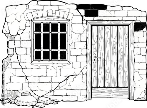 Weathered stone wall with barred window and rustic wooden door