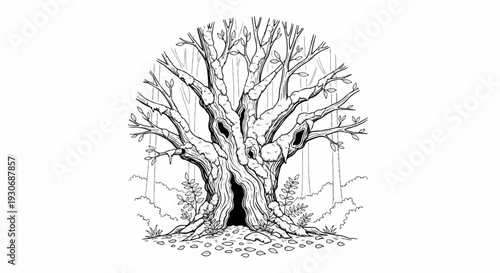 Whimsical, ancient, gnarled tree with a large hollow