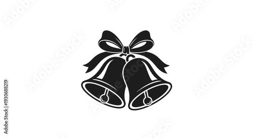 Black and white illustration of Christmas bells with ribbon.