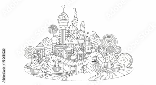 Whimsical candy land castle with spiraling towers and sweet treats