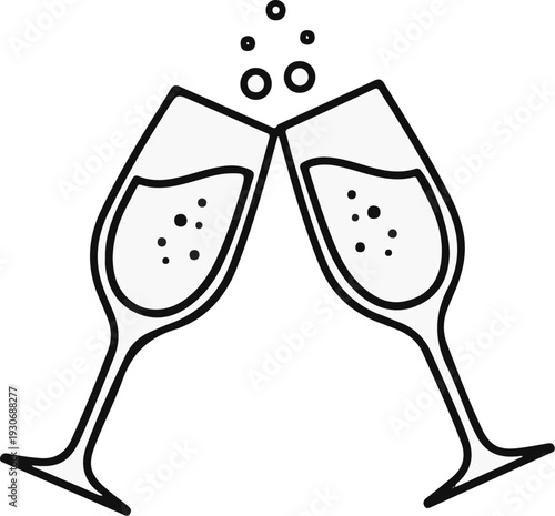 Two champagne flutes clinking with bubbles rising from the drinks