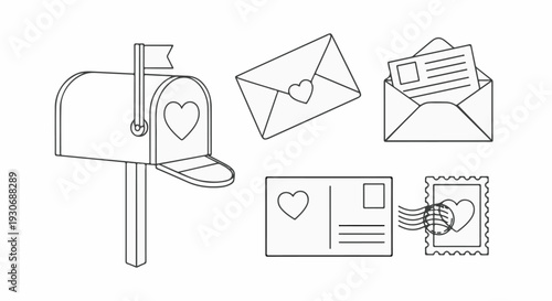 Vintage mail, envelopes, postcard, stamp, and mailbox with hearts