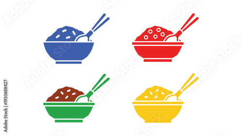 Four bowls of diverse cuisine with chopsticks and colorful backgrounds
