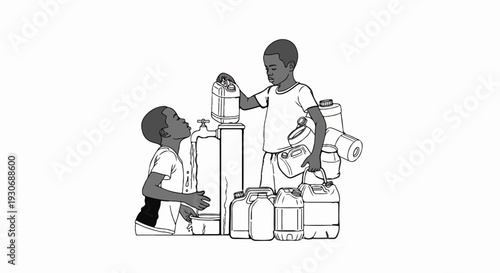 Two children collect water from a tap surrounded by many containers
