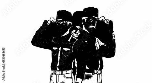 Two cowboys tipping their hats, one with a mustache and bandana