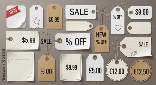 Assortment of varied price tags, labels, and hang tags with different designs and pricing