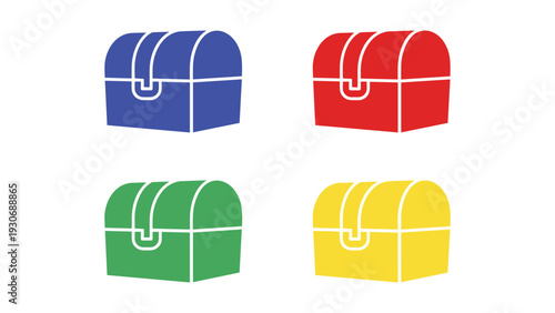 Four colorful treasure chests with distinct hinges and locks displayed in grid