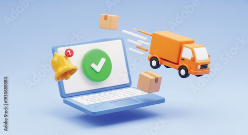 Online shopping delivery complete with notification bell, confirmed order on laptop screen and express shipping by orange truck with boxes flying