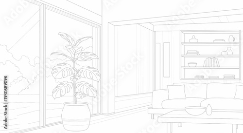 Modern living room interior with plant and furniture