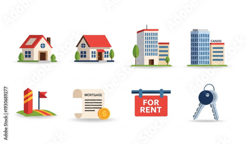 Flat Vector Real Estate Icons Pack with Homes Apartments Land and Mortgage Symbols