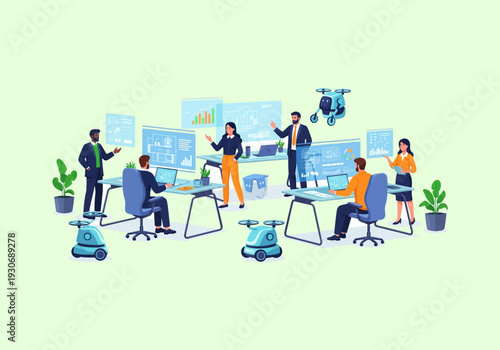 Vector Ilustration Flat Design Diverse Team Collaborating in Modern Tech Office with Drones.