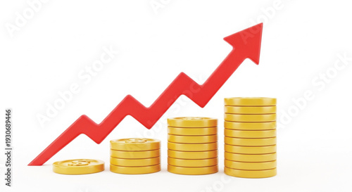 Red arrow pointing upwards over increasing stacks of golden coins illustrating financial growth and business success
