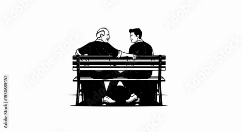 Two men of different ages sitting on a park bench, conversing