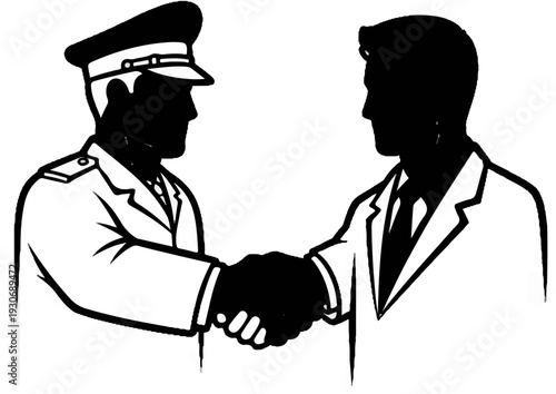 Two men, one in uniform and one in a suit, shake hands cordially