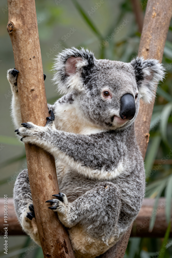 Obraz premium Adorable Koala Bear Clinging to Tree Branch in Natural Forest Habitat with Soft Fur and Curious Expression Perfect for Wildlife Conservation or Nature Themed Projects