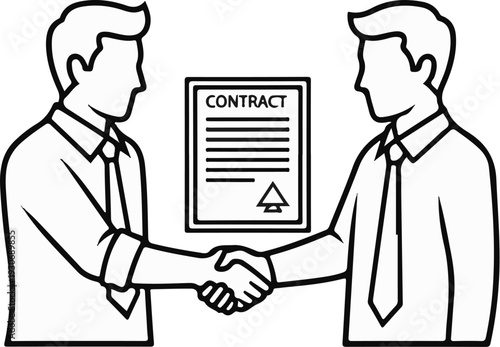 Two men shake hands in front of a contract document