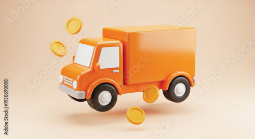 Orange delivery truck with scattered golden coins around it symbolizing efficient and profitable shipping services