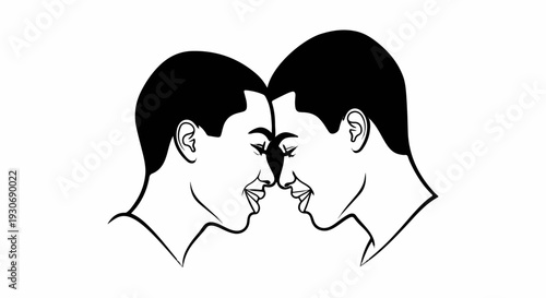 Two men's faces in profile, foreheads touching, mouths open in smiles