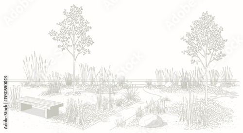 Serene garden landscape with wooden bench and trees