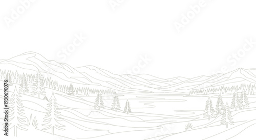 Mountain lake landscape with trees and hills
