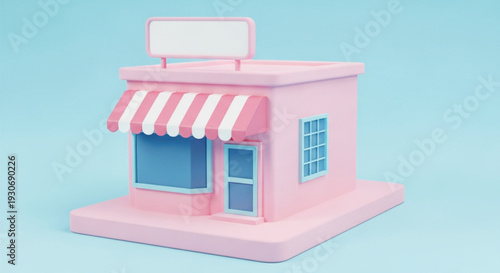 Small pink retail store building with striped awning and blank signboard on a light blue background, ready for branding