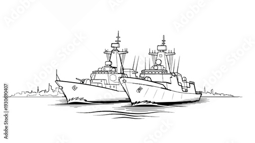 Two military warships sail side-by-side near a distant city skyline