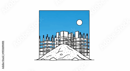 Unfinished building structures and a large pile of dirt under a bright blue sky