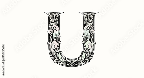 Ornate black and white alphabet letter U with floral decoration.