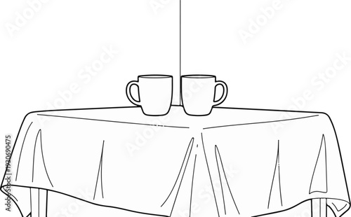 Two mugs sit on a table covered with a draped tablecloth, black and white line drawing