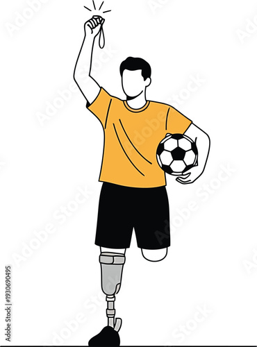 Amputee Athlete Holding Soccer Ball and Raising Arm in Yellow Jersey on White